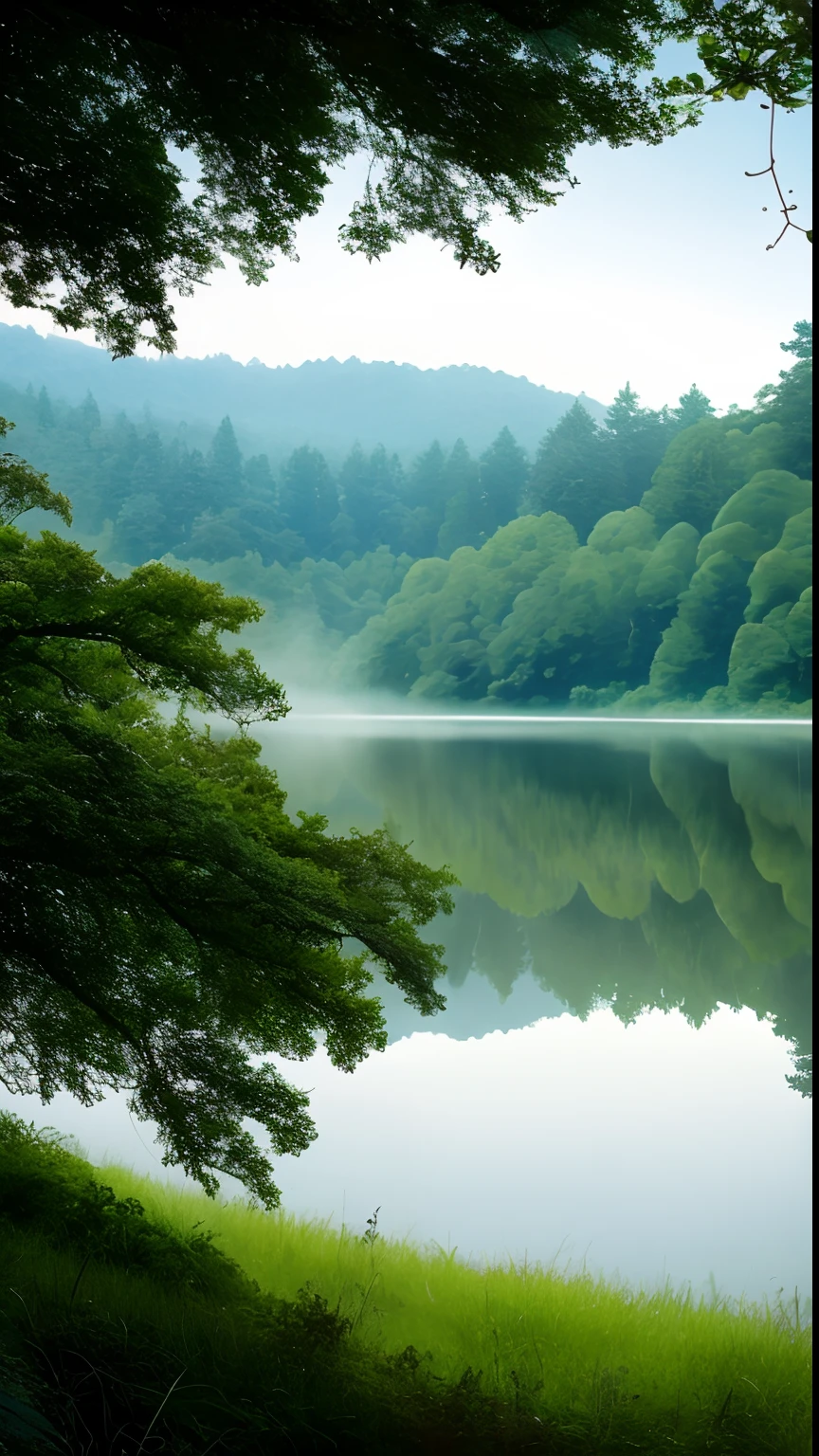 A tranquil and peaceful scene, featuring a serene lake nestled among rolling hills and surrounded by a verdant forest, with a misty morning fog that adds an air of mystery and enchantment, artstation, digital art, intricate, trending, muted colors