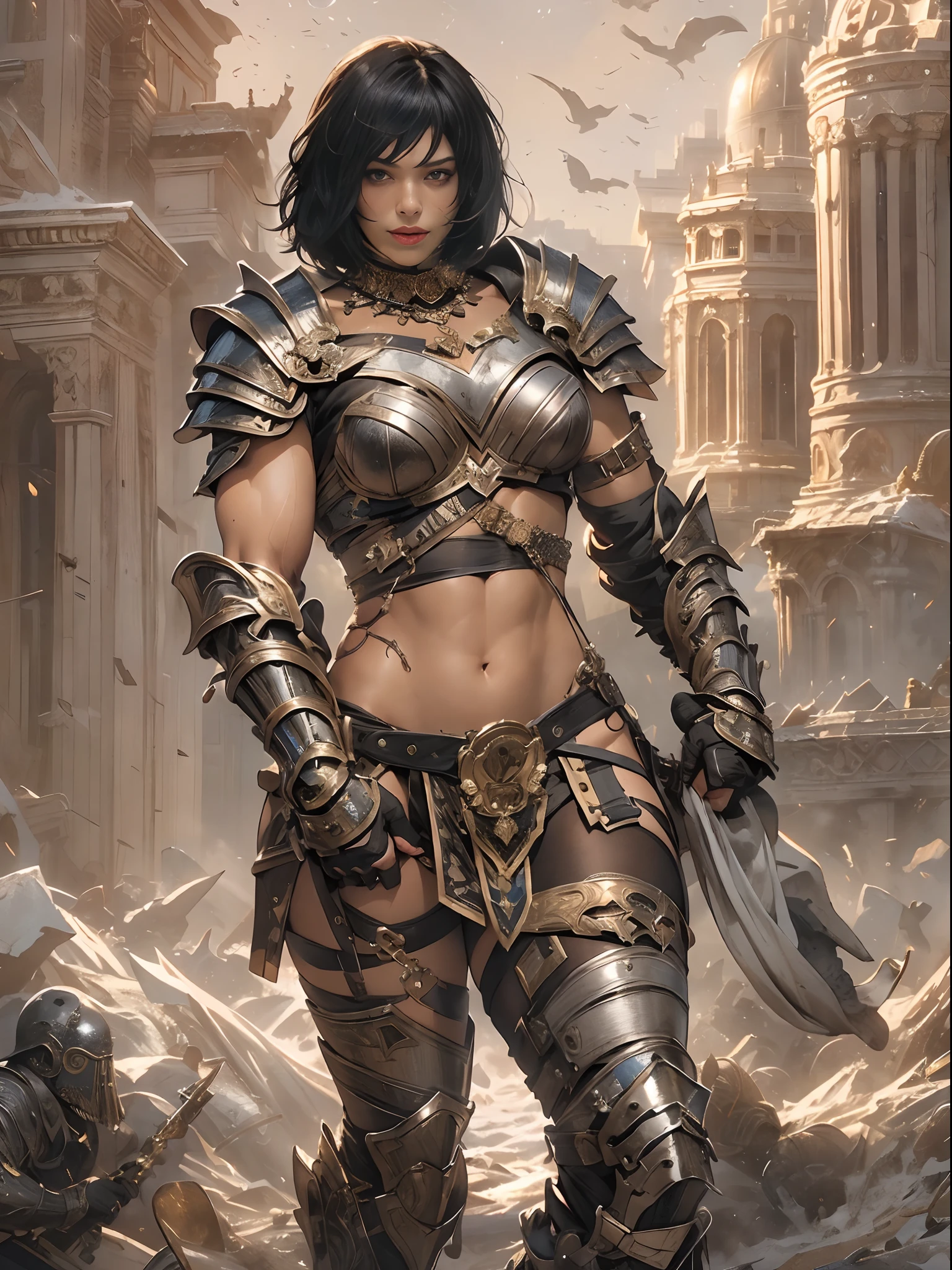 (((of the highest quality: 1.4))),(unparalleled masterpiece ever), (Ultra high definition),(Ultra realistic 8K CG), (((adult body))), (((1girl in))), ((( Bob Shorthair ))), Gladiators with perfect bodies,,Beautiful and well-groomed face,muscular body:1.4,Detailed breastplate, gauntlets、is standing, (Image from head to thigh),(( Black Hair Bob Shorthair )),, Simon Bisley's urban savage style,Detailed ancient Roman background,Clean abs, Complex equipment, Dark brown with white stars and gray and white stripes,,,s Armor, Poison tattoo