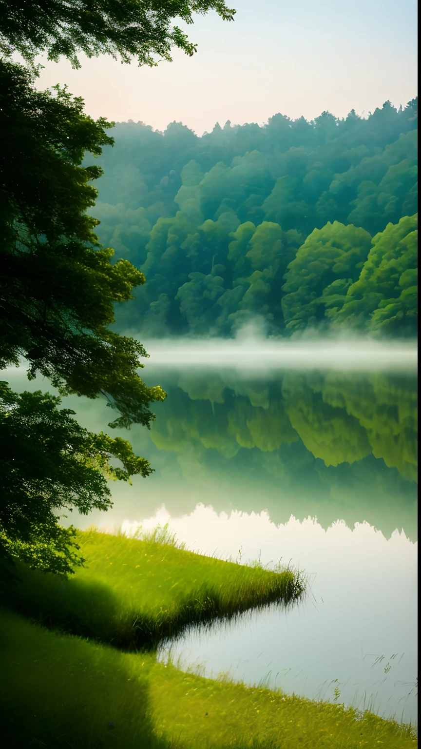 A tranquil and peaceful scene, featuring a serene lake nestled among rolling hills and surrounded by a verdant forest, with a misty morning fog that adds an air of mystery and enchantment, artstation, digital art, intricate, trending, muted colors