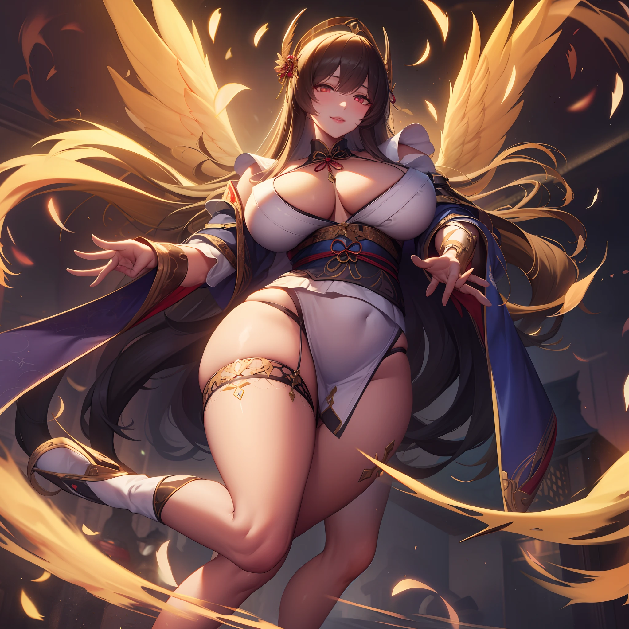 1girl in、nightcity、Sateen、Kimono without sleeves、A dark-haired、Holding a weapon with blood on it、Looking at the camera、Cherry blossoms are dancing,Unusually resistant、red blush、Looks distressed、Pleasant face、shrine maiden、valkyrie、Angel wings、a navel、sideboob barbosa、with an intricate、Particles of light、thighs thighs thighs thighs、shinny skin、Perfect litthing、1girl in、looking at the viewers、Winged headgear、pelvis curtain、A smile、(masterpiece)、(top-quality)、Very gigantic-breasts、maternal、Porcelain Skin、Very long hair、hair wavy、Royal sister,femele,A queen,putting on a crown,There are a lot of golden lightning around,sitting in a throne,Bangs cover the eyes,Black Suspender Socks,Black Lace Top,,High jump,Grab Erlang's leg,,Black Silk Top,married woman,mothers,domineering,smil,The corners of the mouth are raised,Red and gold eyes,Black silk erotic underwear,Black top,Black Silk Gloves,I have a gorse tattoo on my chest and thigh,There are many golden dragon scales on the arms,There are many golden dragon scales on the neck,Bright eye,dragon eyes,Snake's Eye,Upright pupils,There are golden stripes on the clothes,There is a golden pattern on the clothes,The socks have a golden pattern,tall figure,Expose the outside of the chest,Twisted blade hanging over the shoulder,Larger breasts ,With elongated dragon horns,Giant Golden Dragon Wings,Giant Golden Dragon Wings,Huge golden dragon wings as big as a body,The body is covered with huge golden dragon wings,golden pupils,Just a pair of wings,large wings,The biggest dragon wings,The biggest dragon wings,There are golden scales on the neck,Fingers are golden dragon claws,The elongated tail of the golden dragon、1girl in、nightcity、Sateen、Kimono without sleeves、A dark-haired、Holding a weapon with blood on it、Looking at the camera、Cherry blossoms are dancing,Strong best quality, (Extremely detailed: 1.5), masutepiece, 超A high resolution,(photographrealistic:1.4), 1 beautiful girl, Cowboy Shot, (Wear battle armor:1.4), (Wear battle ar