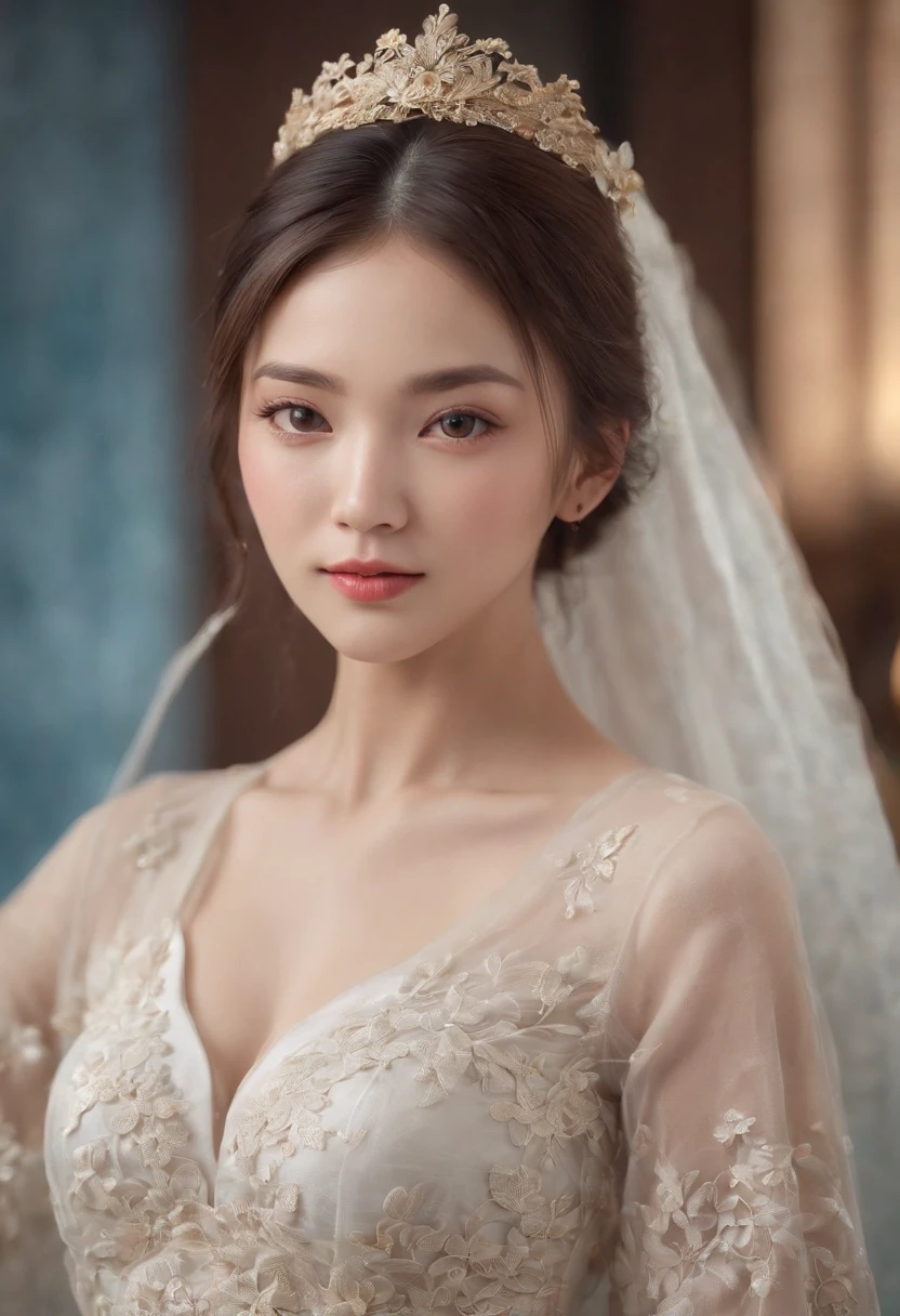 1 beautiful oriental girl, (Realistic:1.3) full bodyesbian, standing photo, Stand in front of the blue sea, Chinese Wedding Dress, Soft dress, brunette color hair, Brown eyes, Wavy hair, Masterpiece, diffused soft lighting, Portrait, Best quality (Perfect face:1.4), Ultra-realistic highly detailed, complex and realistic simulation style photos，Focus clearly on the eyes, Cinematic lighting, studio shoot, Elegant Pose