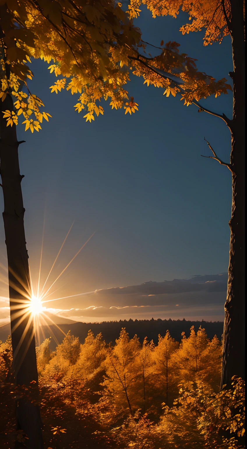 Autumn evening,Branches in the sun,Hang sunlight on the leaves,photorealestic,Natural soft light,Hyper-detailing,4K