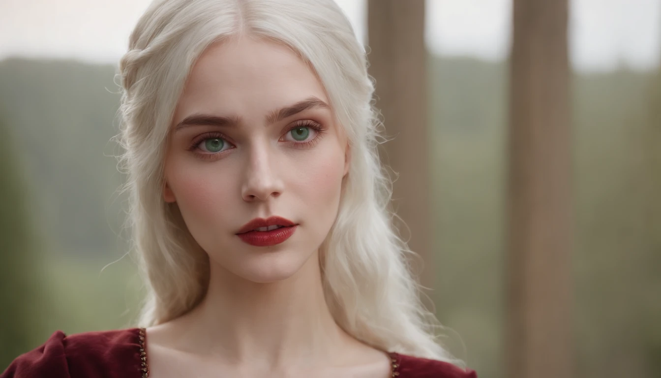 (((A deep reddish wound crosses her left cheek))) Fair complexion, Female about 19 years old, natural white hair, Distinctive green eyes, Wearing Kohl, slender and graceful, Beautiful, Candles in a medieval setting, ultra sharp focus, realistic shot, Medieval women's clothing, Notebook colors (scar:1.4) Completely nude