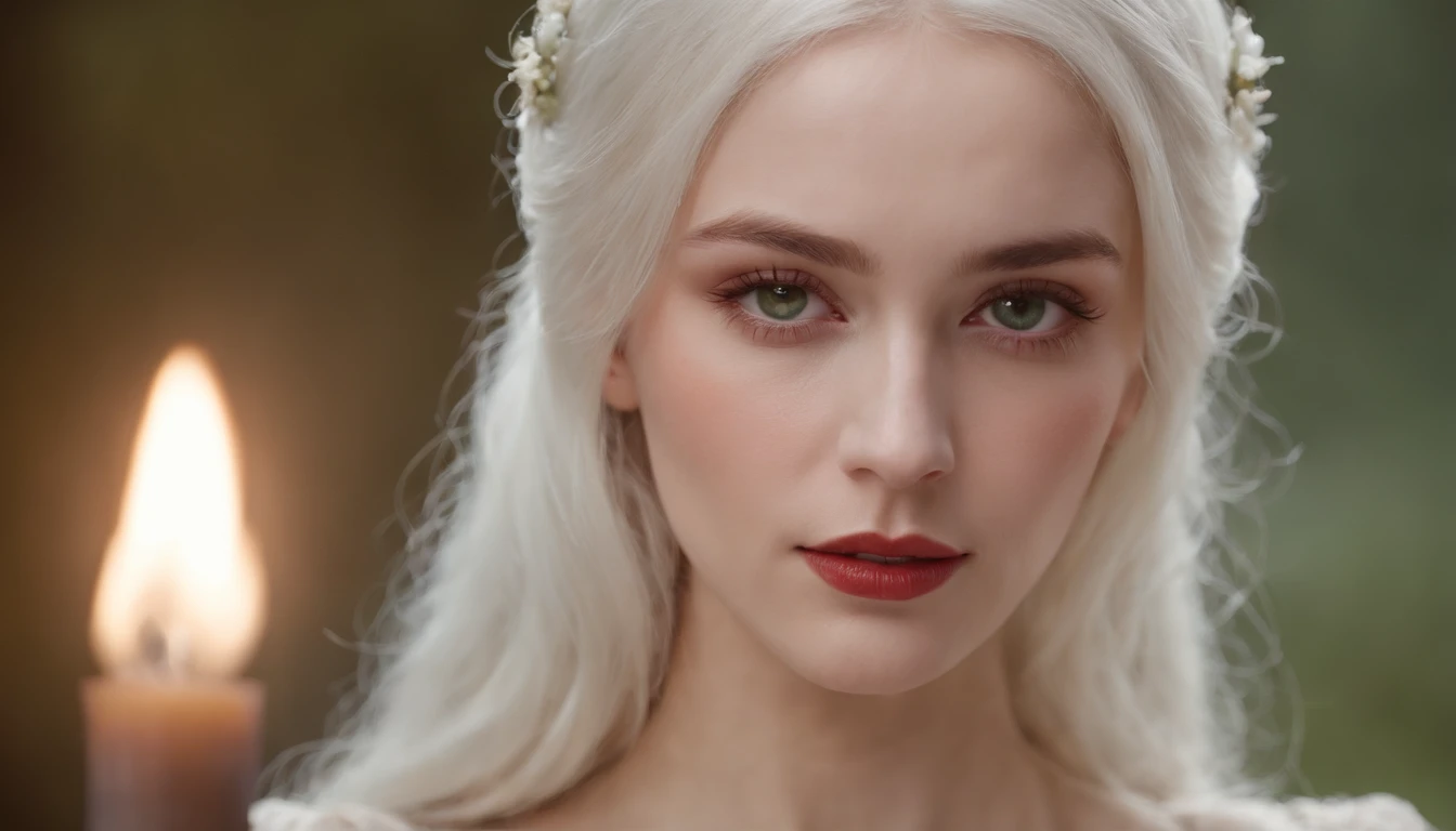 (((A deep reddish wound crosses her left cheek))) Fair complexion, Female about 19 years old, natural white hair, Distinctive green eyes, Wearing Kohl, slender and graceful, Beautiful, Candles in a medieval setting, ultra sharp focus, realistic shot, Medieval women's clothing, Notebook colors (scar:1.4) Completely nude