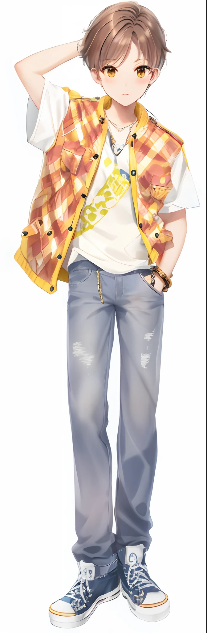 Pubic area is clear,filigree,denim pant ,Orange plaid jacket
