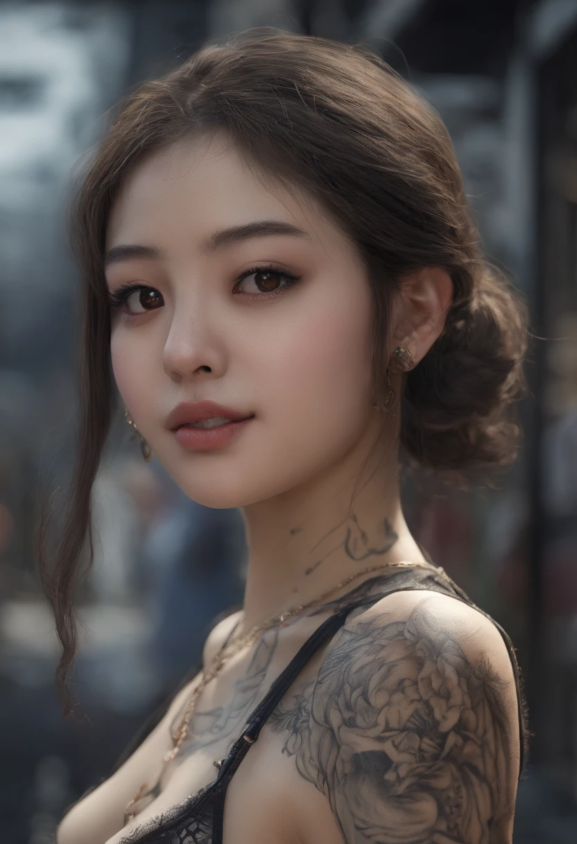 A pornographic teenage girl wearing Korean lingerie,s the perfect face,Wearing black stockings,Wear stiletto heels,with tattoos,Have on the street,incredibly detailed,ultra-realistic realism
