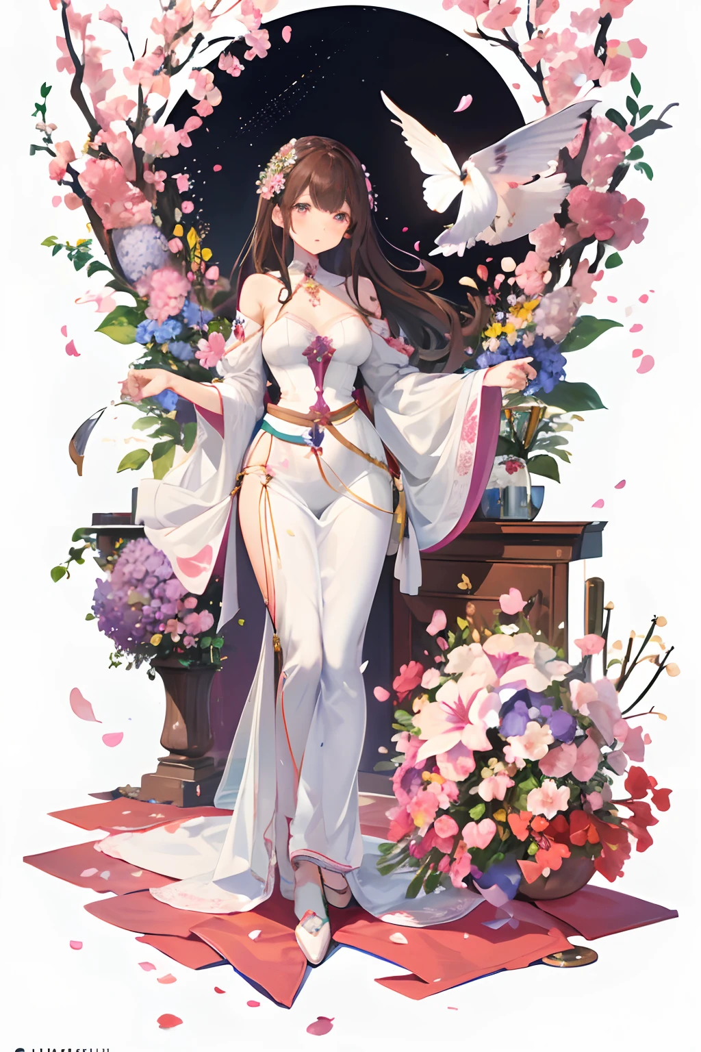 (mouthpiece, of the highest quality, Illustration, Very high quality, extremely delicate writing), Plant-based women, Flowers and whole body, brown haired、Medium hair、Slender eyes、The upper part of the body, Lively, No background, One Person, cherry blossom, Rose, hydrangeas, cosmos, tulips, Violet, walls, Sorcerer