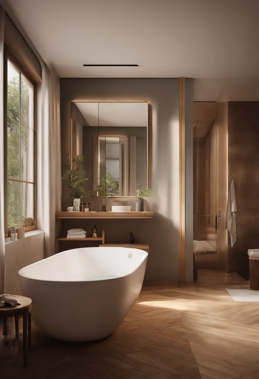 In the big bathroom, A woman and a child in the bathtub, Wipe your child's hair with a towel. The image should be realistic and realistic, Depict the bottom angle view and capture the early morning glow. The color palette should have warm tones,The scene should include wooden floors. The image should have the quality of a product introduction photo, Showcase stylish designs for award-winning bathroom concepts. The artwork should have been created by Thomas Hefner, Known for its innovative product design and exquisite craftsmanship. The image should also contain V-ray renderings to enhance lighting. The overall composition should be a highly detailed and visually stunning masterpiece, Showcase the deep and rich shades of the product. The scene should capture the intricate details of the bathroom design, Create immersive, captivating visual experiences.