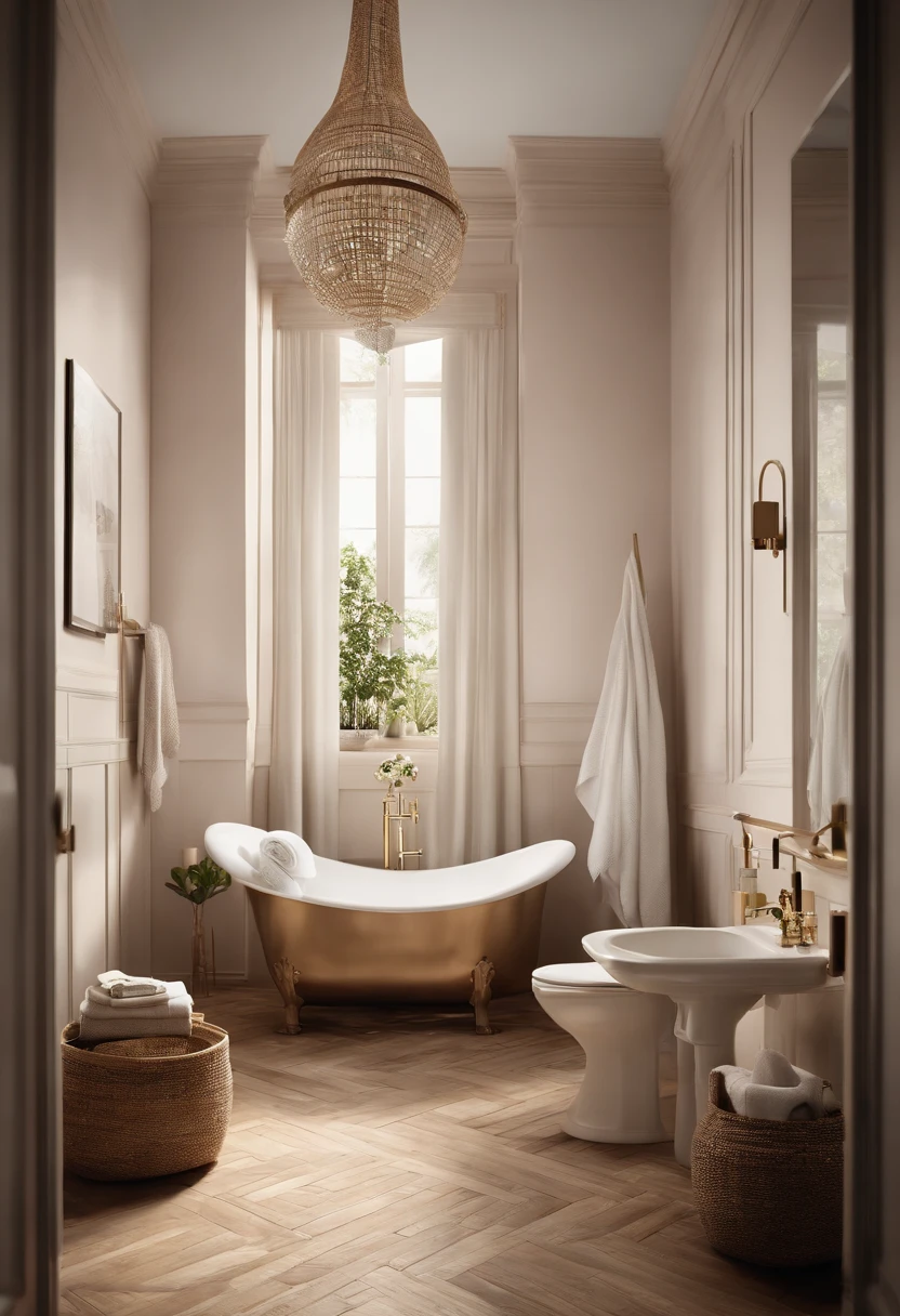 In the big bathroom, A woman and a child in the bathtub, Wipe your child's hair with a towel. The image should be realistic and realistic, Depict the bottom angle view and capture the early morning glow. The color palette should have warm tones，The scene should include wooden floors. The image should have the quality of a product introduction photo, Showcase stylish designs for award-winning bathroom concepts. The artwork should have been created by Thomas Hefner, Known for its innovative product design and exquisite craftsmanship. The image should also contain V-ray renderings to enhance lighting. The overall composition should be a highly detailed and visually stunning masterpiece, Showcase the deep and rich shades of the product. The scene should capture the intricate details of the bathroom design, Create immersive, captivating visual experiences.