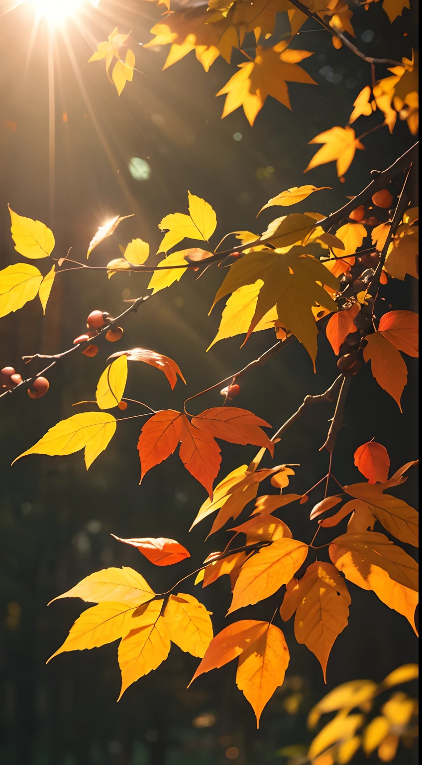 Autumn evening,Branches in the sun,Hang sunlight on the leaves,photorealestic,Natural soft light,Hyper-detailing,4K