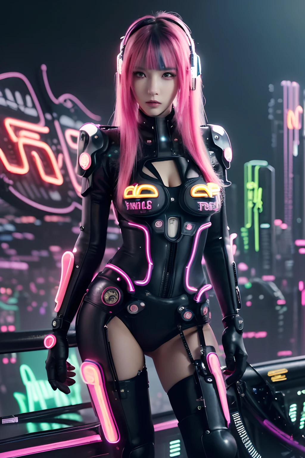 masterpiece, of the highest quality, Best Quality, Official art, Beautiful and aesthetic:1.2),(1girl in:1.4),Full body,(long pink and blue hair style),ighly detailed,(Fractal Art:1.3),(Colorful:1.5),highest details,(Mechanical modification:1.3),(corrected:1.2),Maiden,((ghost in the shell suit)), catheter,(Neon background:1.4),(Neon City:1.75),Night,Large breasts,high-heels,(:0.75),makeup,blush,(Cyberpunk:1.4),((Looking at Viewer)), (((super realistic))), perfect lighting, dynamic pose, raw 8k, ((detail face)), ((beautiful face))