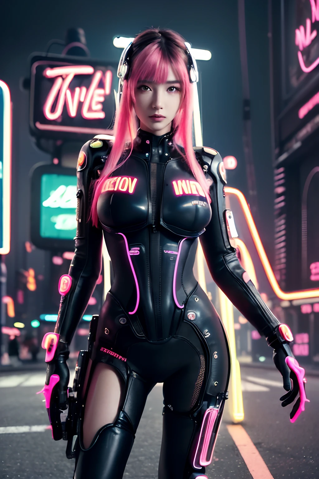masterpiece, of the highest quality, Best Quality, Official art, Beautiful and aesthetic:1.2),(1girl in:1.4),Full body,(long pink and blue hair style),ighly detailed,(Fractal Art:1.3),(Colorful:1.5),highest details,(Mechanical modification:1.3),(corrected:1.2),Maiden,((ghost in the shell suit)), catheter,(Neon background:1.4),(Neon City:1.75),Night,Large breasts,high-heels,(:0.75),makeup,blush,(Cyberpunk:1.4),((Looking at Viewer)), (((super realistic))), perfect lighting, dynamic pose, raw 8k, ((detail face)), ((beautiful face))