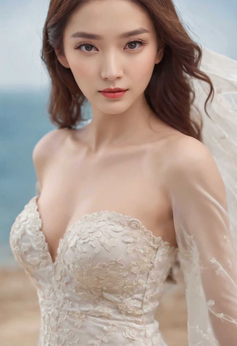 1 beautiful oriental girl, (Realistic:1.3) full bodyesbian, standing photo, Stand in front of the blue sea, Chinese Wedding Dress, Soft dress, brunette color hair, Brown eyes, Wavy hair, Masterpiece, diffused soft lighting, Portrait, Best quality (Perfect face:1.4), Ultra-realistic highly detailed, complex and realistic simulation style photos,Focus clearly on the eyes, Cinematic lighting, studio shoot, Elegant Pose