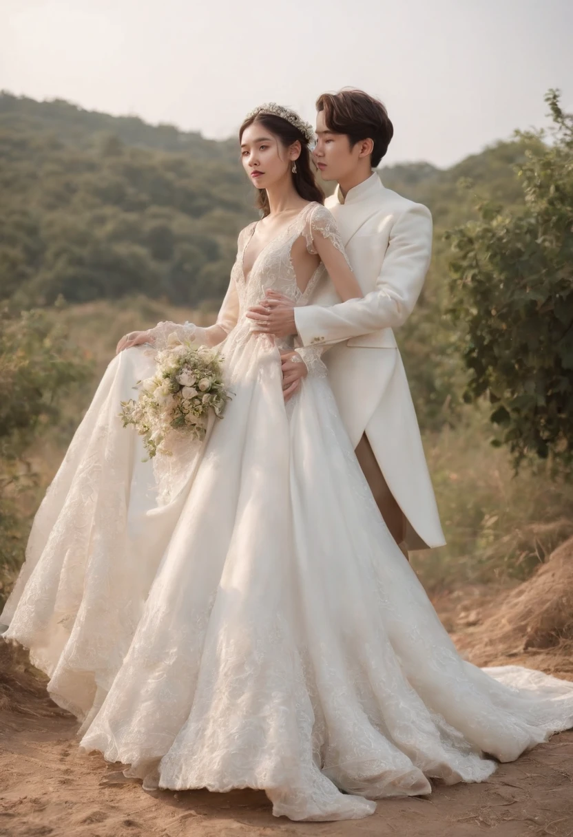 bride and groom posing for a wedding photo in a white dress, Cai Xukun, fantasy long intricate gown, inspired by Liu Haisu, Wedding dress, affable ， wenjun lin, yanjun cheng, Ruan Jia and Fenghua Zhong, white regal gown, & jeehyung lee & Phlegm sputum, phlegm, full pose, royal robe, Beautiful and elegant