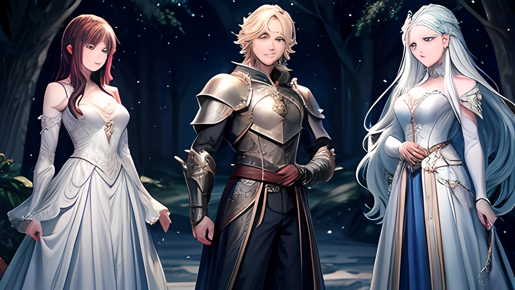 Sir Alistair, Elara, and Elysia stand in a moonlit clearing, facing each other. Sir Alistair is in his shining armor, Elara is poised with a glint of mischief in her eyes, and Elysia exudes a wise and serene presence. The moonlight highlights their features, creating a sense of destiny.