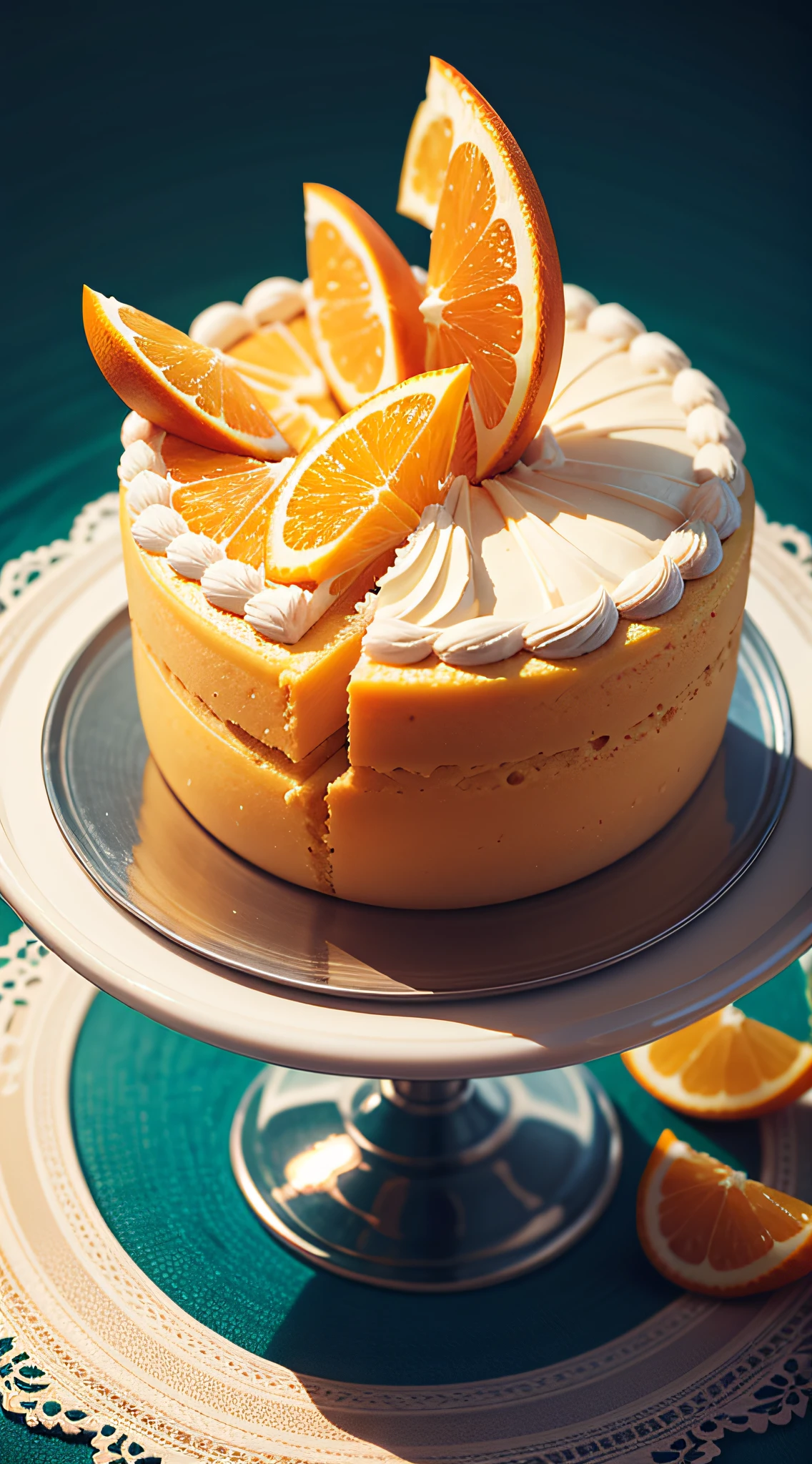 orange juice in the shape of a cake, a clear and detailed body, amazing colors, charming colors, very detailed and beautiful colors, a stunning background, a charming background, a very detailed and beautiful background, full body, beautiful body, high-resolution picture