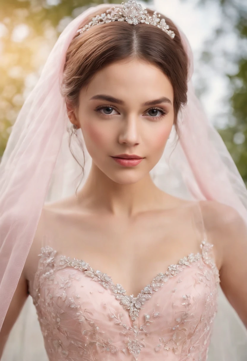 (Full body photograph of 1 girl dressed as a bride with large transparent veil and pink color dress + suave e delicado + cabelos loiros)+(Vestido longo em cores brilhantes, Luz brilhante, Cabelo loiro longo e liso + Olhos brilhantes e acolhedores)+(pink petals + Brisa suave + with blue sky and white clouds + Bosques verdes e floridos)
