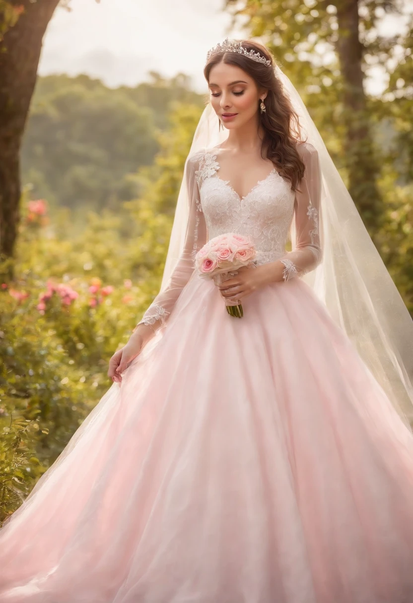 (Full body photograph of 1 girl dressed as a bride with large transparent veil and pink color dress + suave e delicado + cabelos loiros)+(Vestido longo em cores brilhantes, Luz brilhante, Cabelo loiro longo e liso + Olhos brilhantes e acolhedores)+(pink petals + Brisa suave + with blue sky and white clouds + Bosques verdes e floridos)