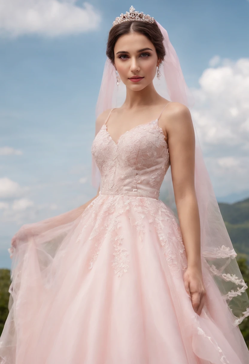 (Full body photograph of 1 girl dressed as a bride with large transparent veil and pink color dress + suave e delicado + cabelos loiros)+(Vestido longo em cores brilhantes, Luz brilhante, Cabelo loiro longo e liso + Olhos brilhantes e acolhedores)+(pink petals + Brisa suave + with blue sky and white clouds + Bosques verdes e floridos)