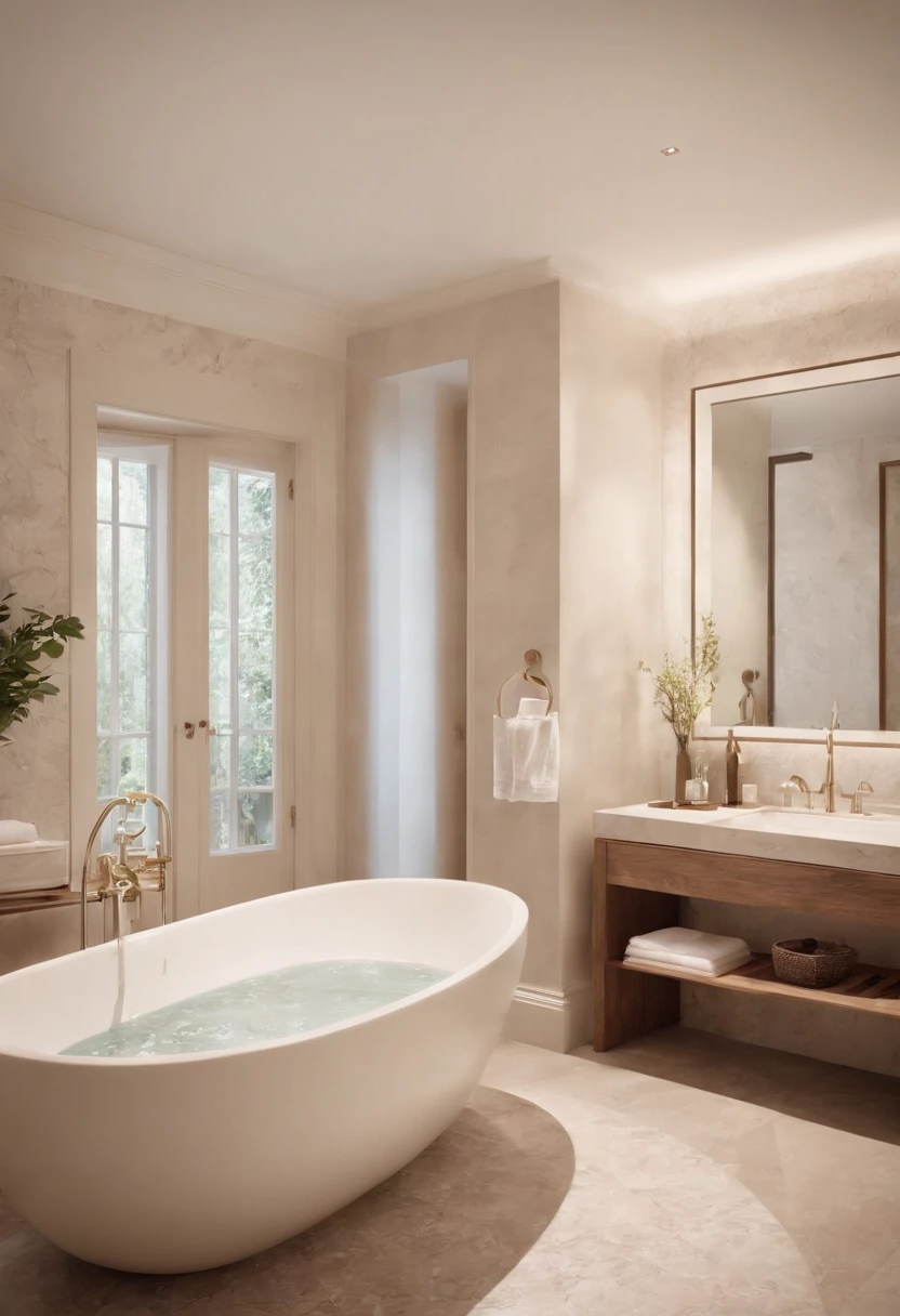 A woman and a child in the bathtub,Wipe your child's hair with a towel. The image should be realistic and realistic, Depict the bottom angle view and capture the early morning glow. The color palette should have warm tones,The scene should include wooden floors. The image should have the quality of a product introduction photo, Showcase stylish designs for award-winning bathroom concepts. The artwork should have been created by Thomas Hefner, Known for its innovative product design and exquisite craftsmanship. The image should also contain V-ray renderings to enhance lighting. The overall composition should be a highly detailed and visually stunning masterpiece, Showcase the deep and rich shades of the product. The scene should capture the intricate details of the bathroom design, Create immersive, captivating visual experiences.