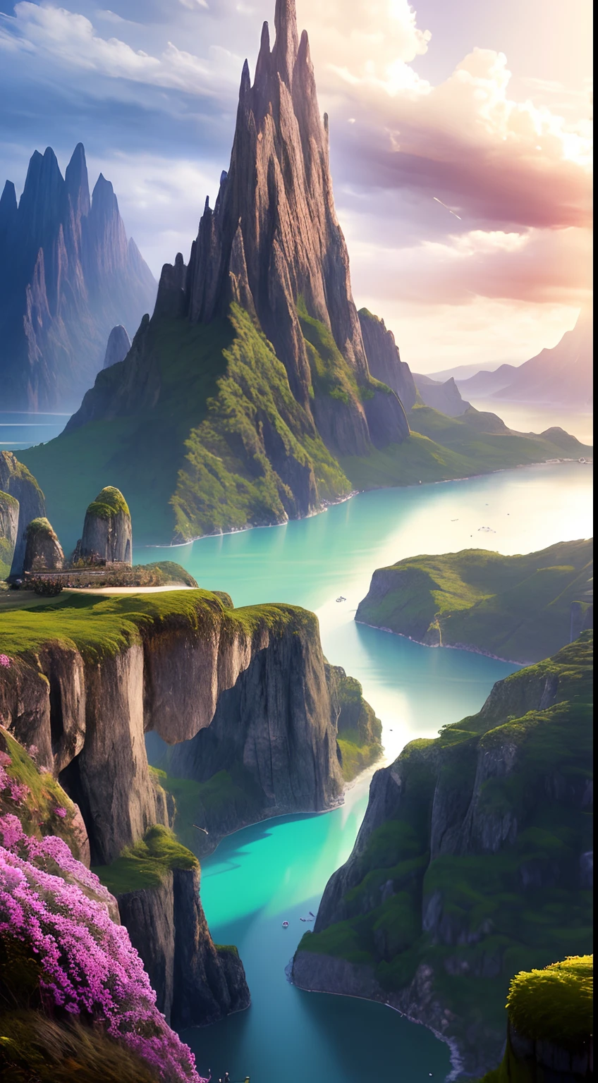 Masterpiece, best quality, high quality, extremely detailed CG unity 8k wallpaper, landscape, outdoor, sky, cloud, sky, no humans, mountain, landscape, water, tree, blue sky, waterfall, cliff, nature, lake, river , cloudy skies, award winning photography, bokeh, depth of field, HDR, bloom, chromatic aberration, photorealism, very detailed, trending on artstation, trending on CGsociety, intricate, high detail, dramatic, midjourney art