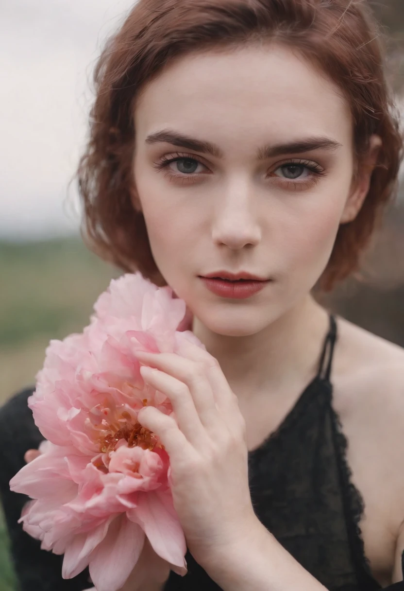 girl on a flower, in the style of androgynous, wollensak 127mm f/4.7 ektar, white and pink, uhd image, punk rock aesthetic, detailed facial features, feminine sensibilities