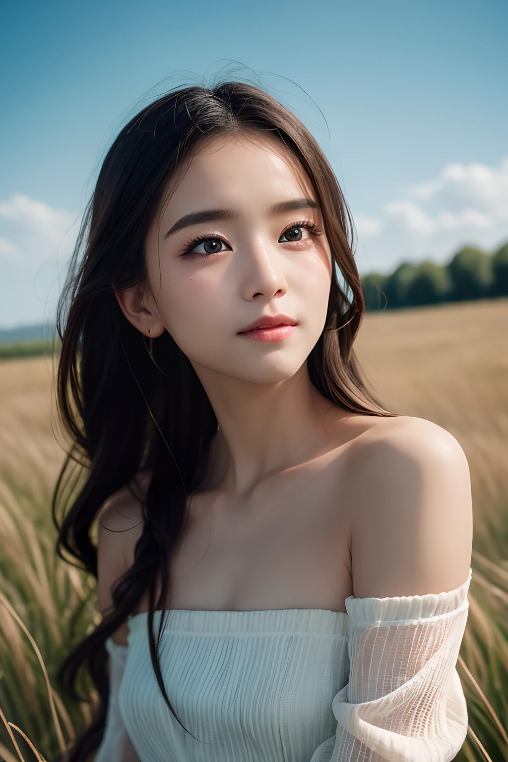 a closeup, masterpiece, top-quality, Raw foto, Photorealsitic、unbelievable Ridiculous, beautiful a girl, off shoulder one piece dress、Long hair、large brests、A slight smil、Hair fluttering in the wind、look up sky、The sun is dazzling, So I raise my hand and squint、grass field、depth of fields, hight resolution, ultra-detailliert, finely detail, ighly detailed, extremely detailed eye and face, Sharp pupils, foco nítido, Cinematic lighting