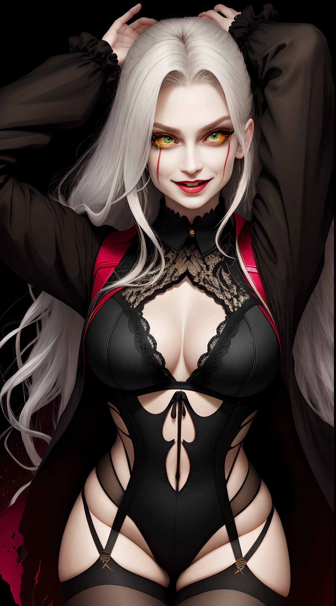 tmasterpiece, Best quality at best,Highest image quality,2048 resolution, 1girll, 独奏, yellow eyes, Gradient eyes, O cabelo multicolorido, Brown gradient hair,Beutiful women,Perfect facial features (BREAK shirt), Broken and torn pantyhose,, teardrop, Be red in the face, dreads, Scream, teeth, evilsmile, ssmile, and the tongue sticks out, laughingly, with her mouth open, roll eyes, head looking up, full bodyesbian, Armpits, Arms up, (Torso grab, Tickle, mitts, Intangible limbs:1.2), TKL