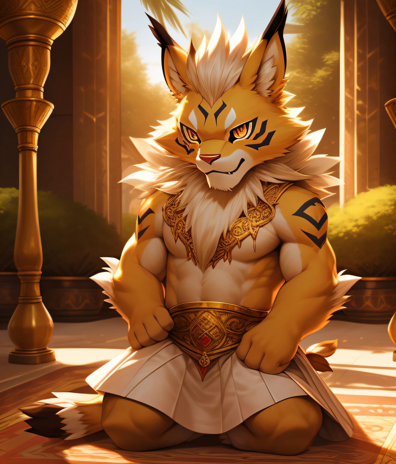 KID, nj5furry, ( Leomon, , chidorable), Leomon, ((extremely realistic shadows, masterpiece, extremely detailed, photorealistic)), LITTLE KID. nj5furry, (6 year oldll body)) male, kemono kid, graceful, childlike physique, royal kid, 6 years oldelaxed friendly expression, kind, cute and detailed, tender, image of the same cuteness, shirtless, ornate fabric white skirt, long hair elegantly combed back, red nose, gold eyes, Arabian-style palace behind him with a beautiful garden.