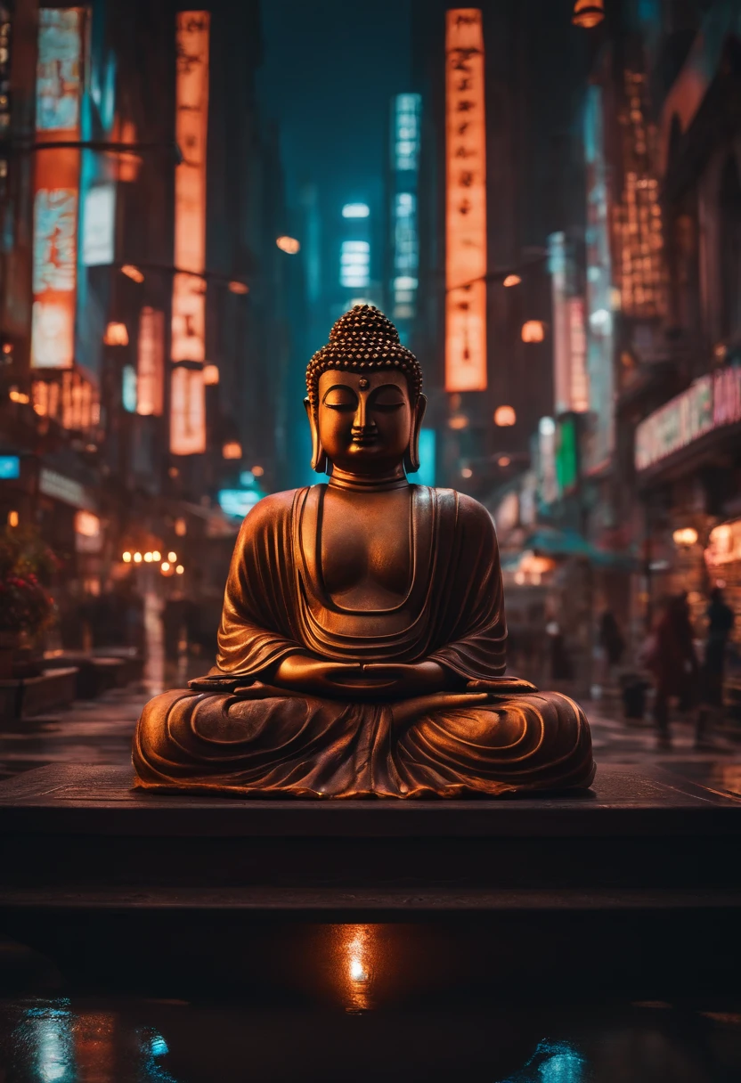 Buddha, Meditation in the heart of the metropolis, Cyberpunk city, Cyberpunk meditation
