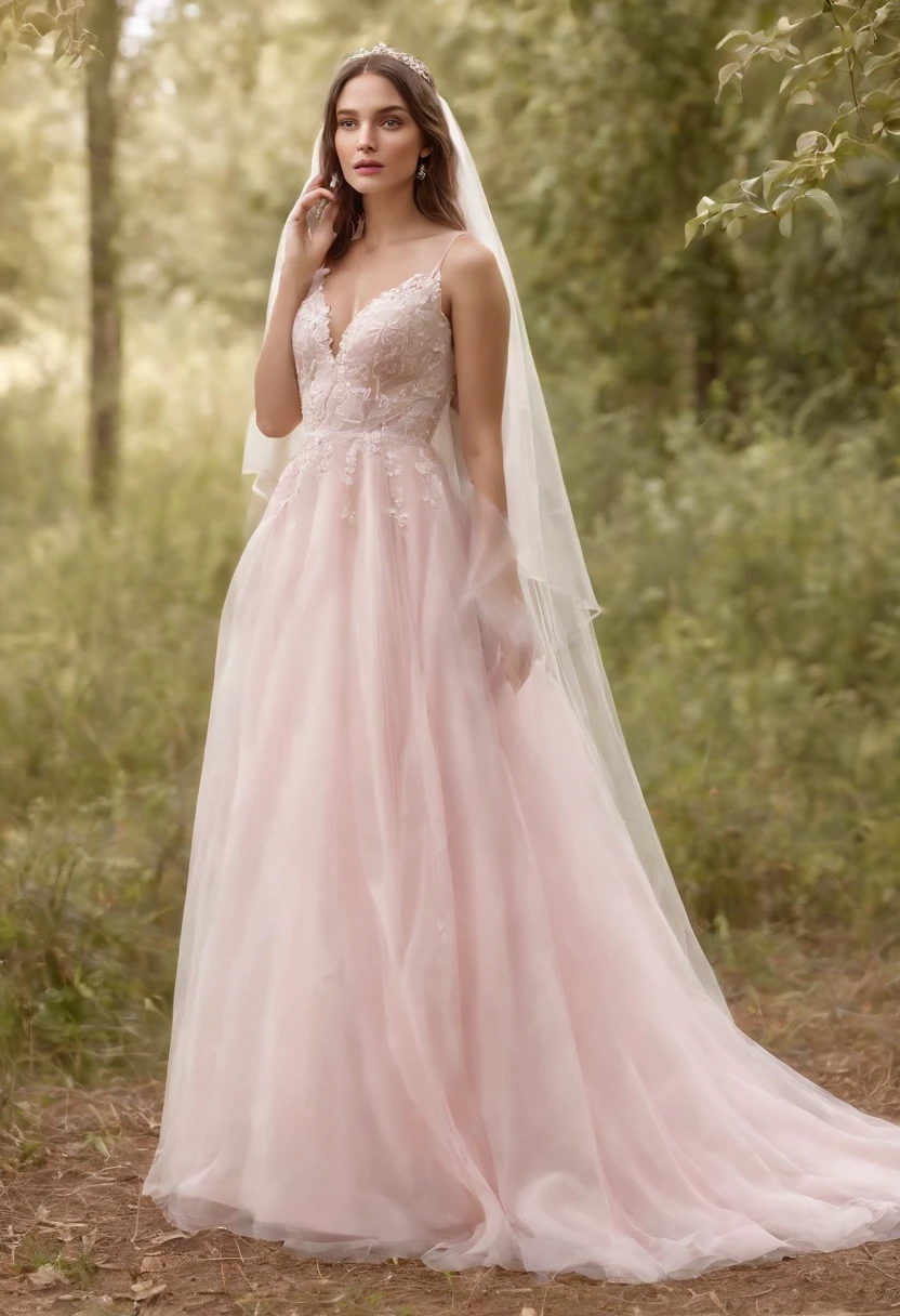 (Full body photograph of 1 girl dressed as a bride with large transparent veil and pink color dress + suave e delicado + cabelos loiros)+(Vestido longo em cores brilhantes, Luz brilhante, Cabelo loiro longo e liso + Olhos brilhantes e acolhedores)+(pink petals + Brisa suave + with blue sky and white clouds + Bosques verdes e floridos)