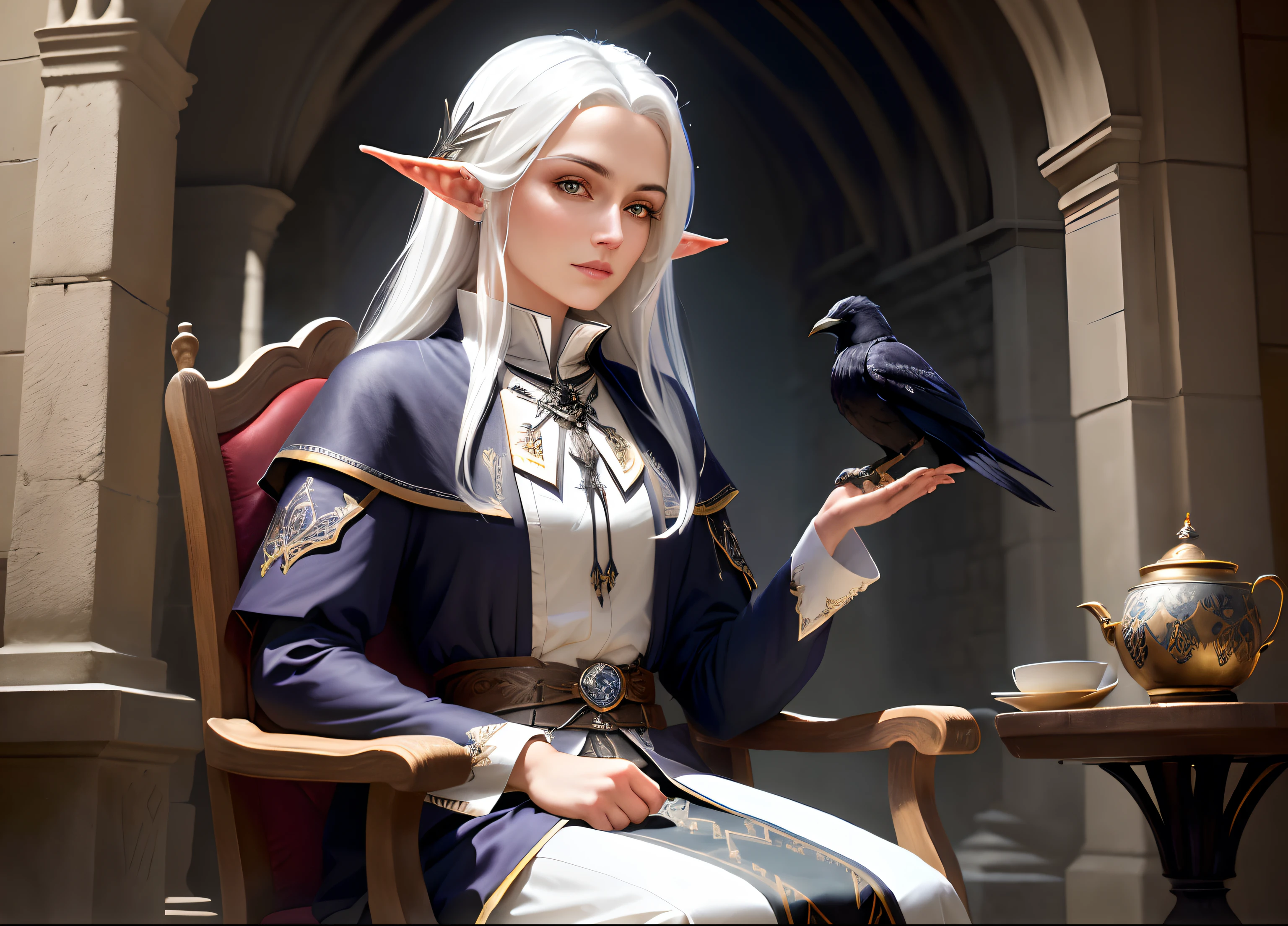 A religiously dressed high elf with white hair sits in a Kadilau chair in the background,She was holding a Soniste crow ,gloomy castle,solid color backdrop,clean backdrop,depth of fields,high light,Real light,Ray traching,OC renderer,UE5 renderer,Hyper-realistic,best qualtiy,8K,Works of masters,super-fine,Detailed,Correct anatomy,Detailed Crow