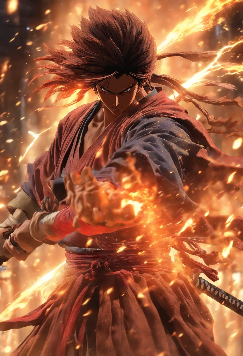 Kenshin and his sword, (in a Firestorm with lighting thunder vfx around), masterpiece, best quality, ultra quality, absurd details, best light, best shadow, sharp, sharp picture, detailed face, detailed eyes, detailed hair, detailed, extremely detailed, great resolution, 8k, 4k, uhd, ray tracing, beautiful effects, image of (full body)