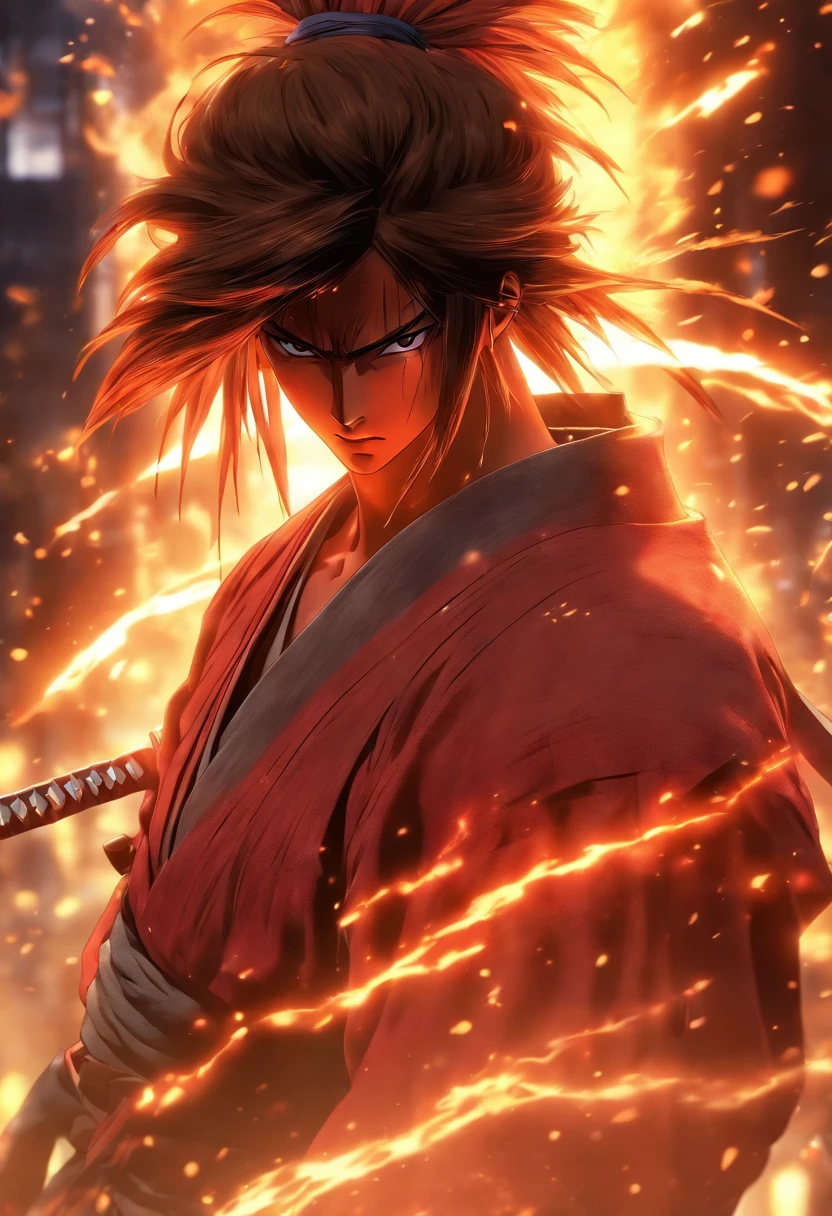 Kenshin and his sword, (in a Firestorm with lighting thunder vfx around), masterpiece, best quality, ultra quality, absurd details, best light, best shadow, sharp, sharp picture, detailed face, detailed eyes, detailed hair, detailed, extremely detailed, great resolution, 8k, 4k, uhd, ray tracing, beautiful effects, image of (full body)