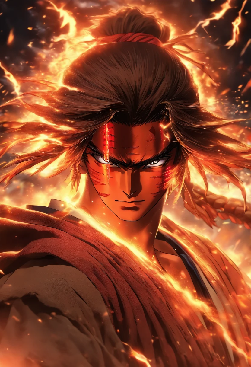 Kenshin and his sword, (in a Firestorm with lighting thunder vfx around), masterpiece, best quality, ultra quality, absurd details, best light, best shadow, sharp, sharp picture, detailed face, detailed eyes, detailed hair, detailed, extremely detailed, great resolution, 8k, 4k, uhd, ray tracing, beautiful effects, image of (full body)