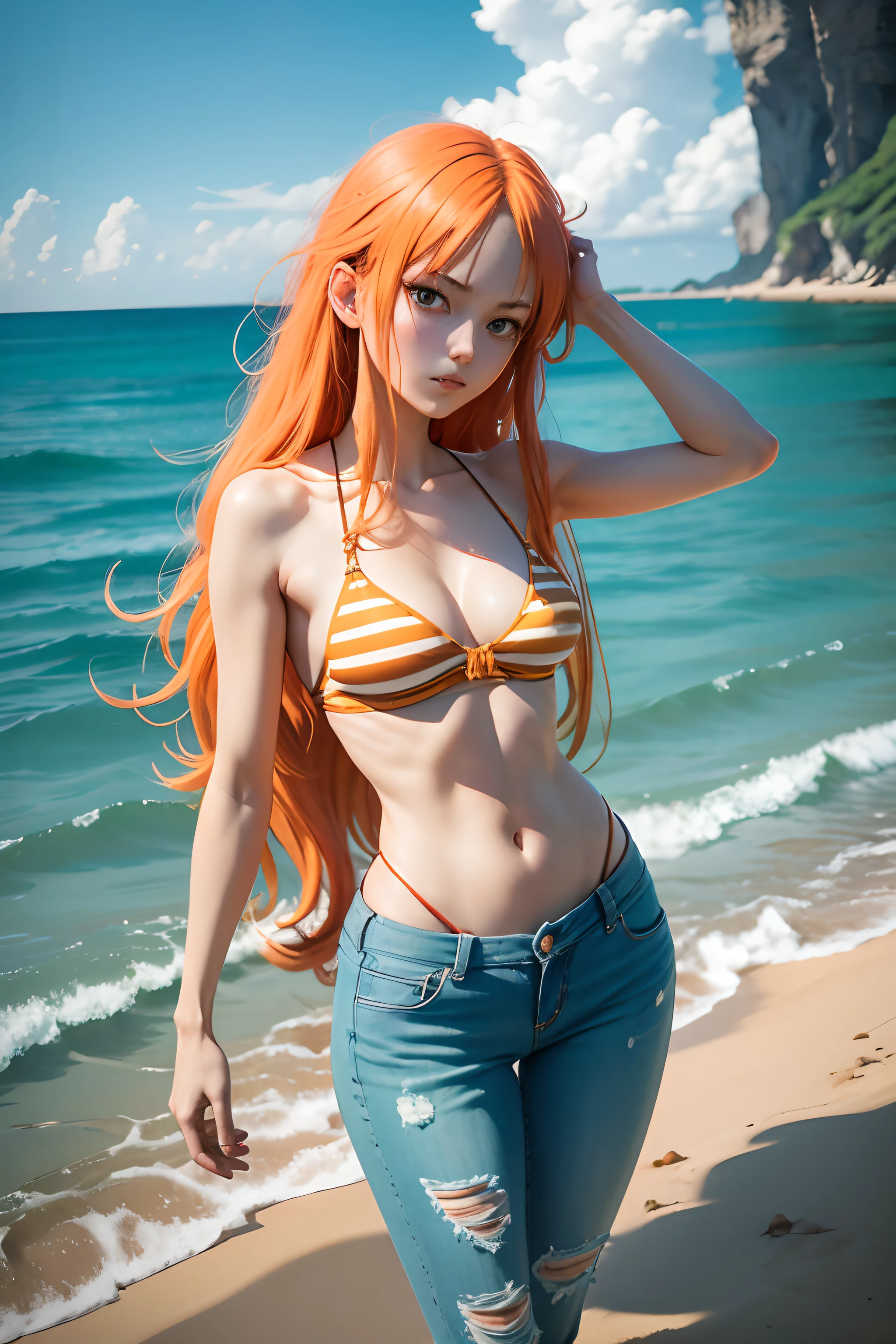 One Piece anime character,Nami,Girl of mixed Eastern European race,Wear skinny jeans,orange long hair,Green striped bra,Ocean background surrealism, shadowing, anaglyph, stereograms, tachi-e, angle of view, Atmospheric perspective, 8K, Super detail, ccurate, Best quality