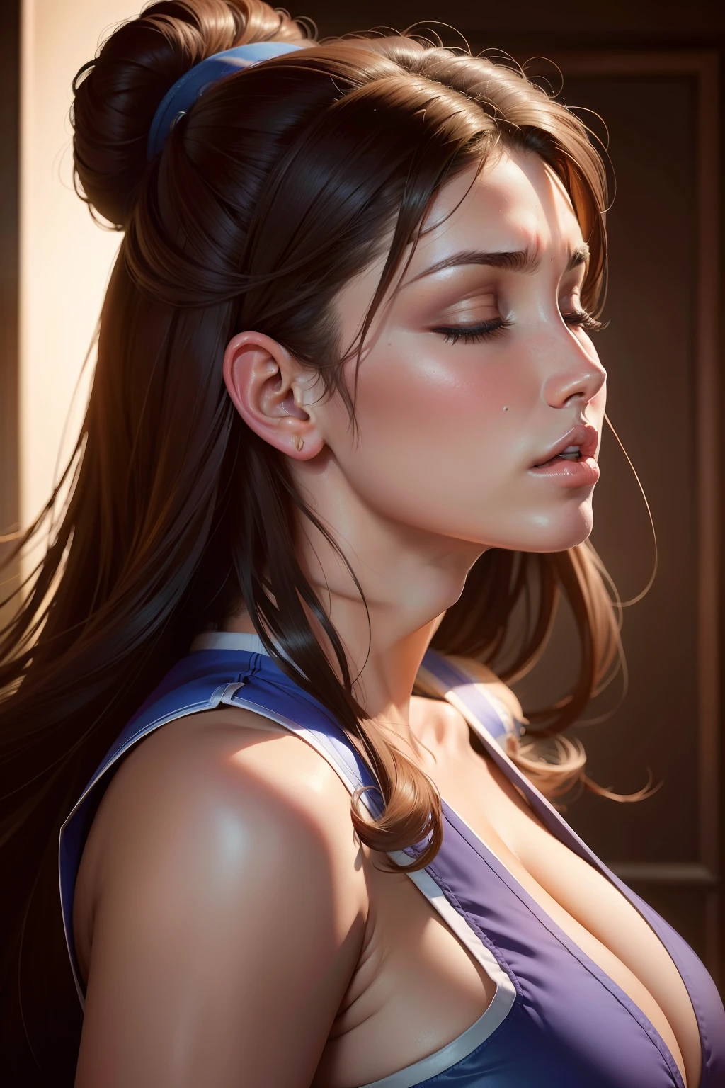 lucy pinder, portrait, profile, looking up, mouth wide open, eyes closed, drooling, chun-li