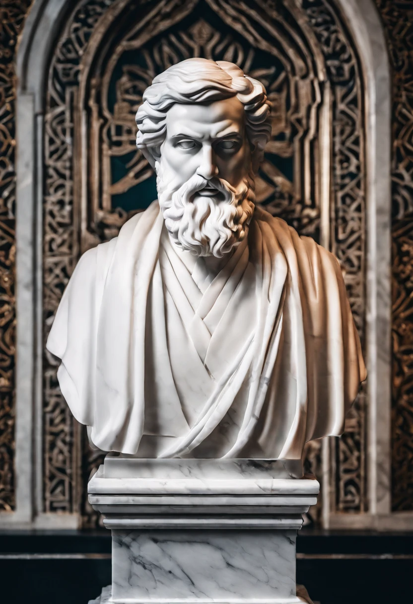 Bust of the wise man in white marble statue，In the style of a bearded Greek philosopher in a museum. dark ambiance, High contrast between light and shadow, professional photoshooting, Utrelia Lista, Light volume, cinematic ligh