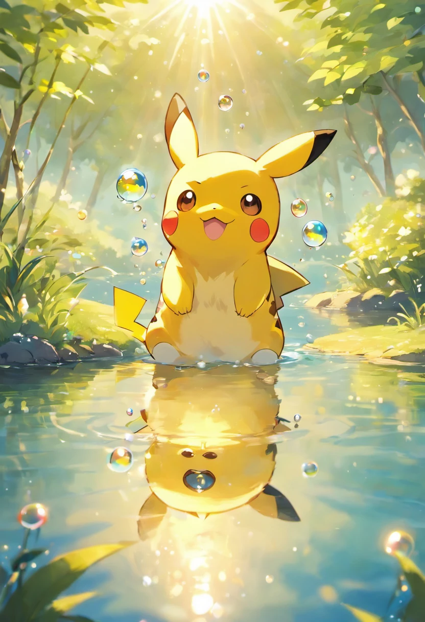 Ultra HD 3D graphics，Showcasing the touching scene of Pikachu making a wish by a tranquil lake. Pikachu, Beautiful rendering details, See gently blowing bubbles into the air, Everyone has hopeful wishes. Bubbles capture the reflection of the setting sun, Create dreams, Magical effect. The overall atmosphere is gentle, Full of hope and tranquility
