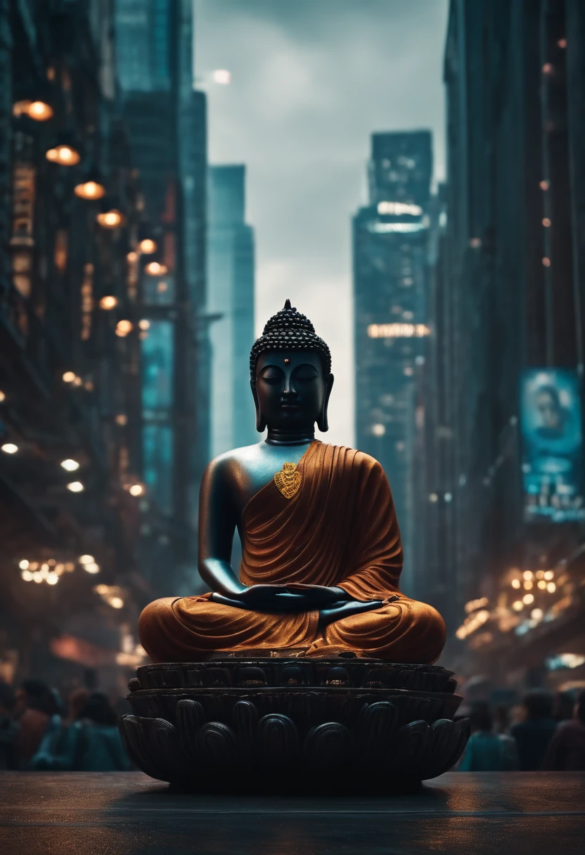 Buddha, Meditate in the heart of the metropolis, Cyberpunk city, Cyberpunk meditation