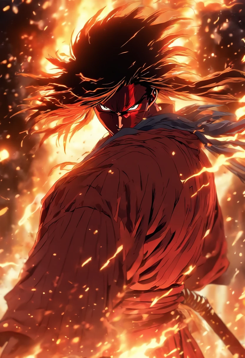 Rurouni Kenshin Attack his enemy  (in a Firestorm with lighting thunder vfx around), masterpiece, best quality, ultra quality, absurd details, best light, best shadow, sharp, sharp picture, detailed face, detailed eyes, detailed hair, detailed, extremely detailed, great resolution, 8k, 4k, uhd, ray tracing, beautiful effects, image of (full body)