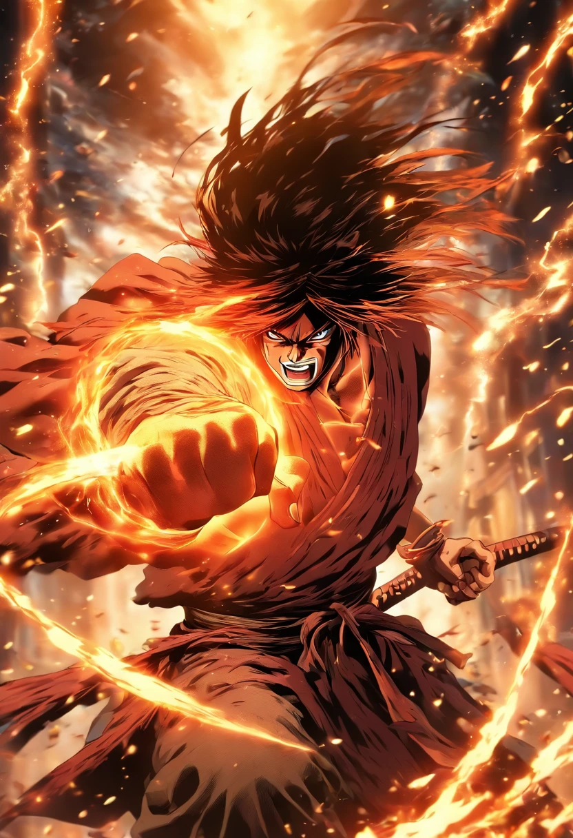 Rurouni Kenshin Attack his enemy (in a Firestorm with lighting thunder vfx around), masterpiece, best quality, ultra quality, absurd details, best light, best shadow, sharp, sharp picture, detailed face, detailed eyes, detailed hair, detailed, extremely detailed, great resolution, 8k, 4k, uhd, ray tracing, beautiful effects, image of (full body)