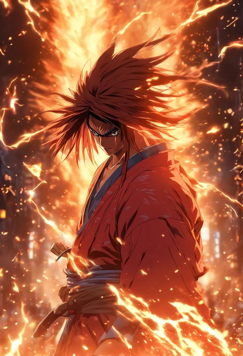 Rurouni Kenshin Attack his enemy  (in a Firestorm with lighting thunder vfx around), masterpiece, best quality, ultra quality, absurd details, best light, best shadow, sharp, sharp picture, detailed face, detailed eyes, detailed hair, detailed, extremely detailed, great resolution, 8k, 4k, uhd, ray tracing, beautiful effects, image of (full body)