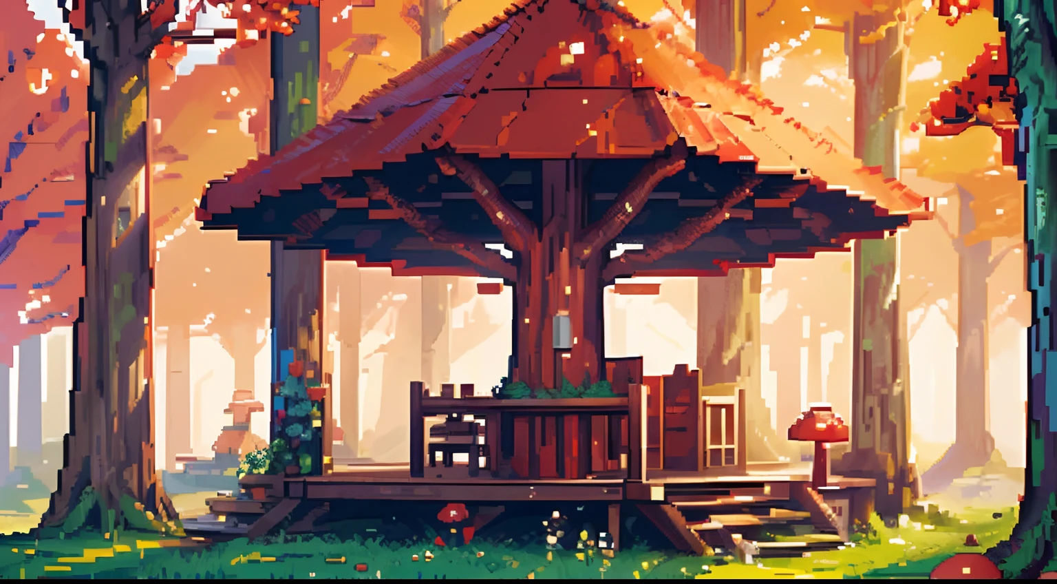 masterpiece, ((best quality:1.2)), wallpaper 8k, ((extremely detailed:1.2)), ((pixel art:1.2)), hut, cabin, forest, junggle, red tree, cozy, dusk, fantasy, red mushroom
