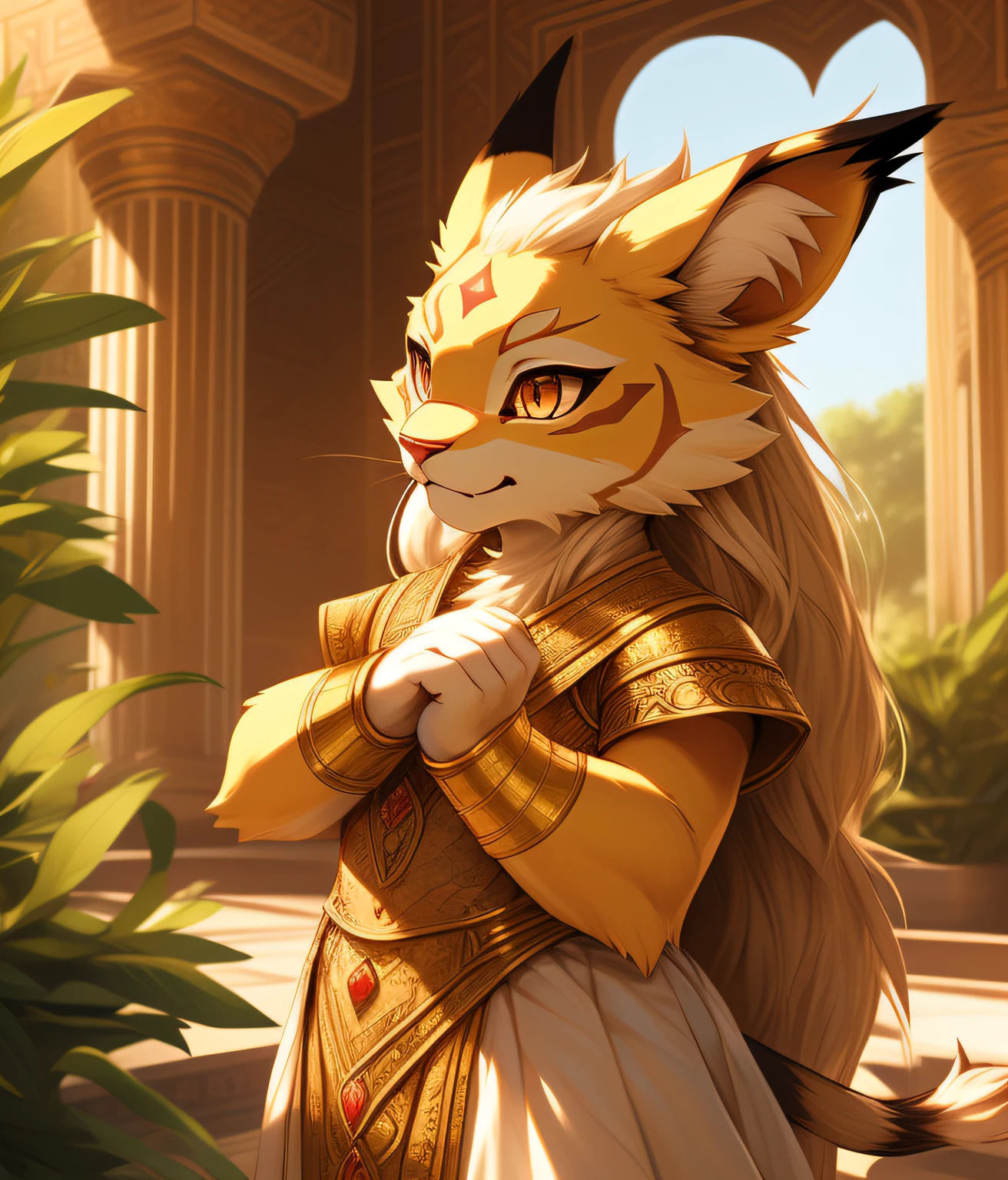 FEMALE, nj5furry, ( Leomon, female, , adorable), Leomon, ((extremely realistic shadows, masterpiece, extremely detailed, photorealistic)), LITTLE GIRL. nj5furry, (6 year )), ((full body)) female, kemono girl, graceful, childlike physique, royal girl ((PRINCESS)), 6 years old, reture, friendly expression, kind, cute and detailed, tender, image of the same cuteness, white ruffled shirt, ornate fabric white skirt, long hair elegantly combed back, red nose, gold eyes, Arabian-style palace behind him with a beautiful garden.