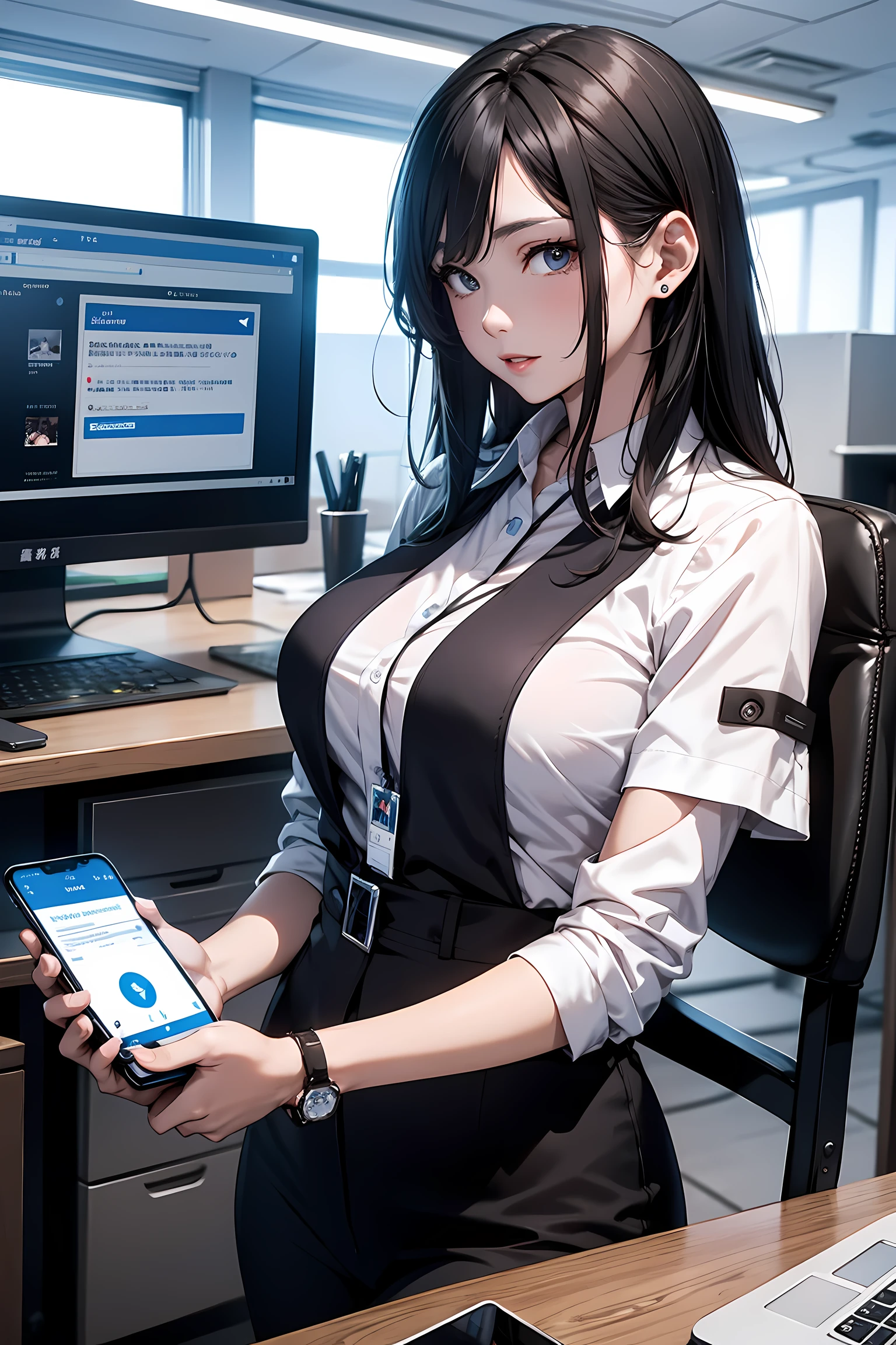 The office district of the near future、Office worker using a smartphone mounted on his arm。Beauty OL,Holograms displayed from a smartphone on your arm、