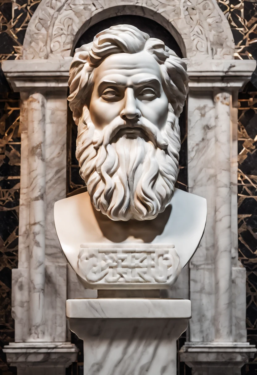 Bust of the wise man in white marble statue，In the style of a bearded Greek philosopher in a museum. dark ambiance, High contrast between light and shadow, professional photoshooting, Utrelia Lista, Light volume, cinematic ligh