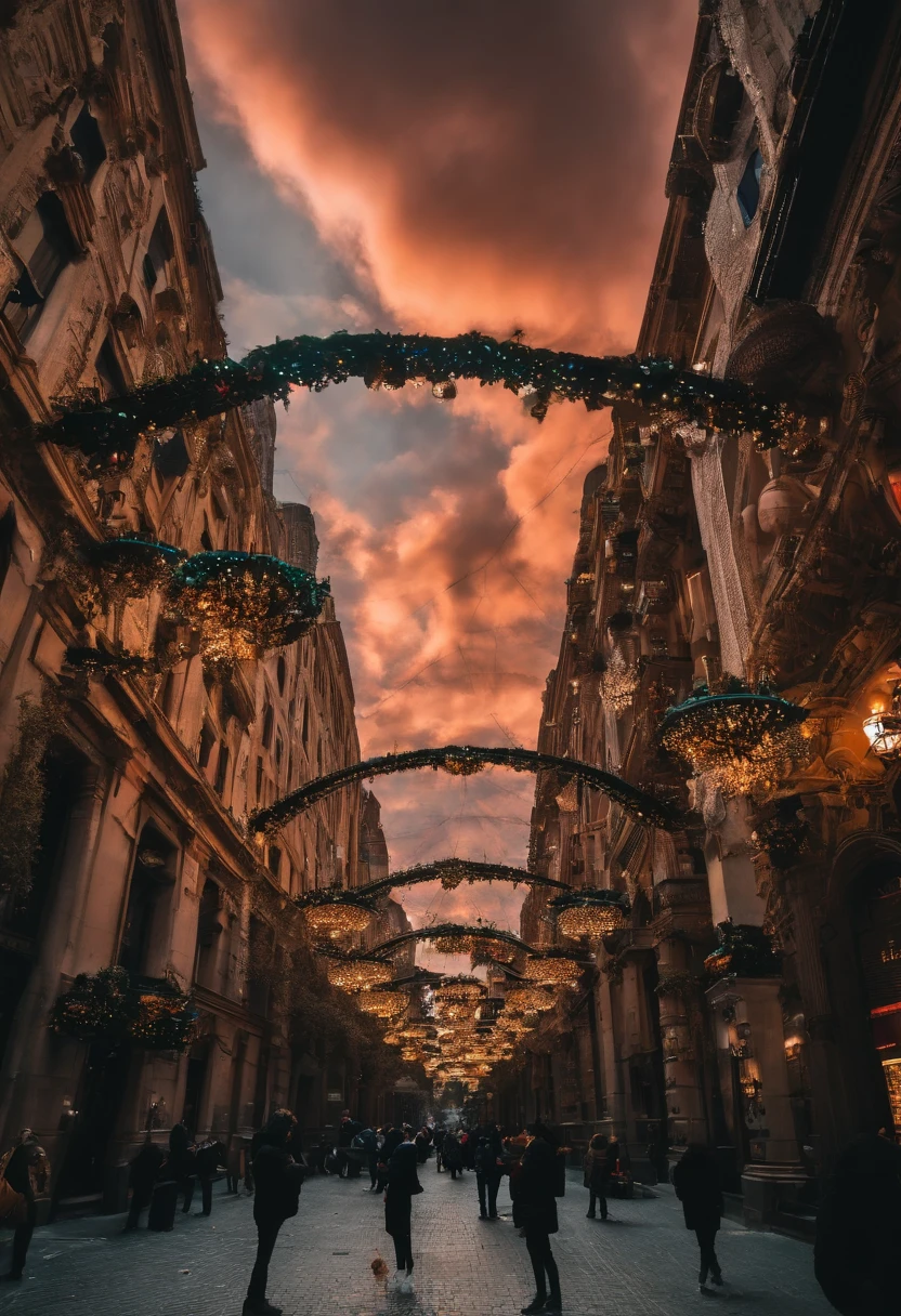 Huge cell phones stand in the middle of the city,At its center is a black hole,All objects are sucked in by it,Grandiose spectacle,Whimsy