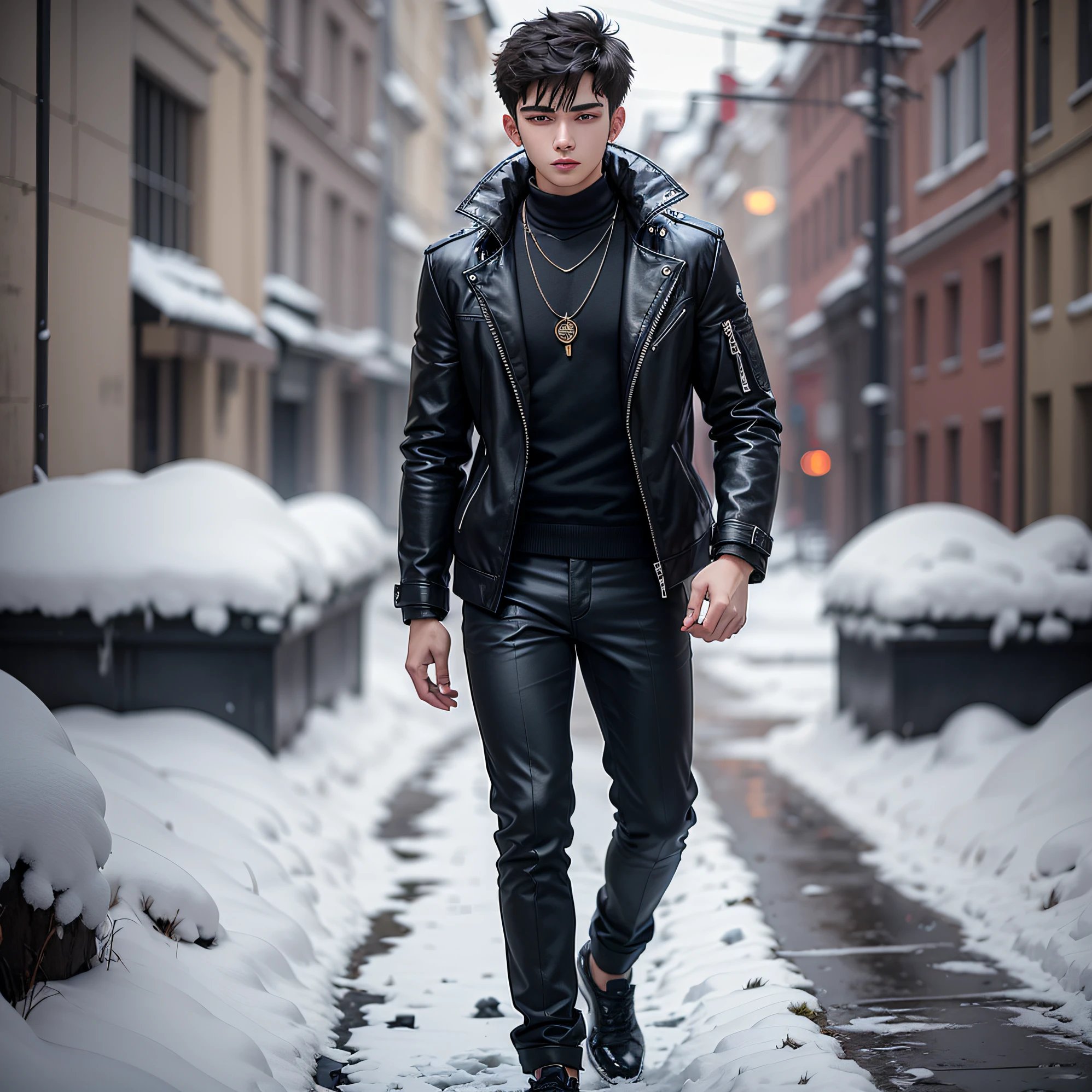a handsome 18 years old boy with blue eyes 6 feet and wearing black jacket and black pant and wearing necklace in snowy place whole body in realistic