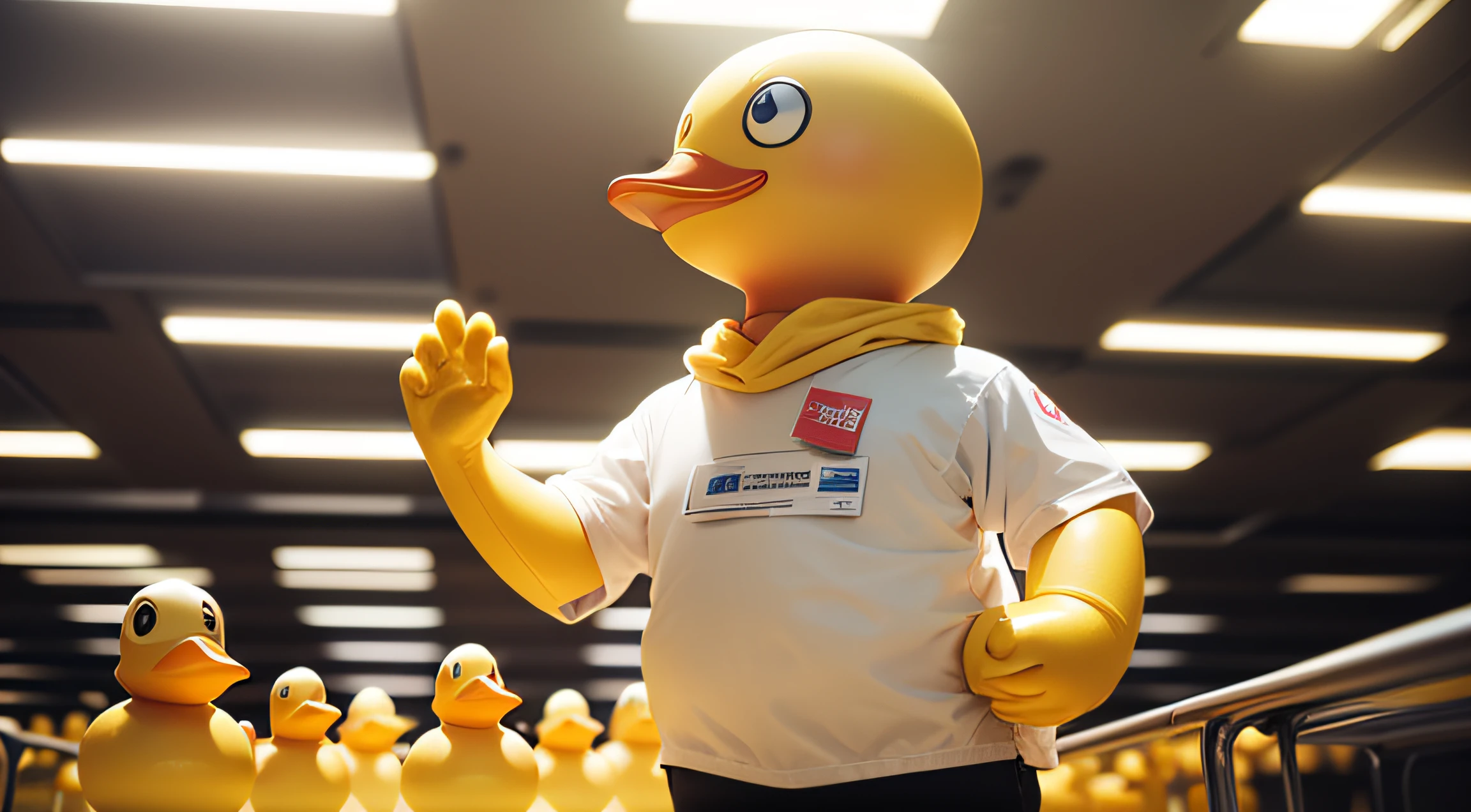 Positioned under contemporary, bright office lighting, a stylishly attired yellow rubber duck takes the stage at a conference in a vast, brilliantly illuminated office, captivating a diverse audience.